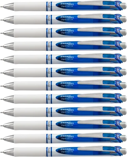 Pluma retráctil Pentel EnerGel RTX Pearl, con gel líquido, (0.7mm) trazo medio, punta de aguja, tinta azul, paquete de 12 unidades (BLN77PW-C)