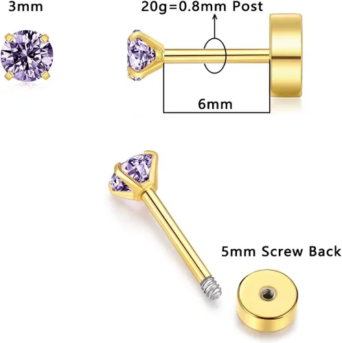 Miniatura 15 de Aretes de tuerca de circonita cúbica pequeña de 0.118 pulgadas, aretes de tuerca de oro de 14 quilates con circonita cúbica para cartílago, hélix