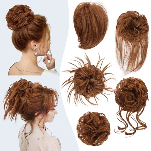 Miniatura 12 de HMD 5 piezas de moño despeinado para mujer, extensión de cabello con banda de goma elástica, extensión de cabello largo y desordenado, accesorios