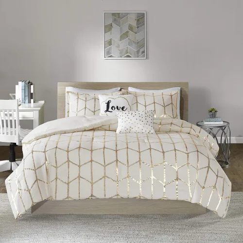 Miniatura 13 de Intelligent Design Raina King/Cal King - Juego de edredón de microfibra suave, juego de cama geométrico metálico moderno, 5 piezas de ropa de cama
