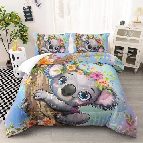 Miniatura 34 de AILONEN Lindo juego de edredón de oso tamaño individual, juego de ropa de cama Kawaii de oso de peluche marrón para niños y niñas, edredón suave