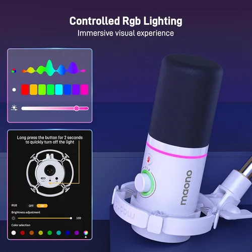 Miniatura 7 de MAONO Kit de micrófono dinámico XLR/USB, micrófono de podcast RGB con software, silencio, perilla de ganancia, control de volumen, brazo de brazo