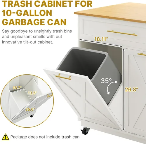 Miniatura 4 de DWVO Rolling Kitchen Island with Double Tilt Out 10 Gallon Trash Can Cabinet Power Outlet
