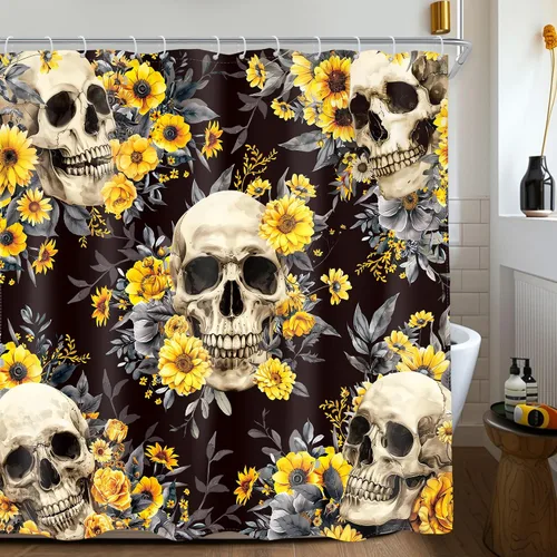 Miniatura 14 de AMBZEK Cortina de ducha con diseño floral de calavera gótica, 60 pulgadas de ancho x 72 pulgadas de largo, para hombre, esqueleto gótico