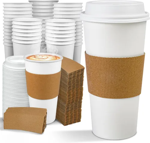 Miniatura 7 de Ginkgo Paquete de 100 Tazas de Café de Papel Engrosado de 8 oz con Tapas y Fundas Blancas, Tazas de Café Desechables para Llevar para Café Espresso