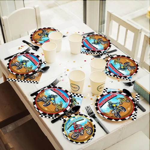Miniatura 5 de 96 piezas de vajilla para fiesta de motocross de bicicletas de tierra - Sirve para 24, incluye platos, servilletas, decoración para cumpleaños