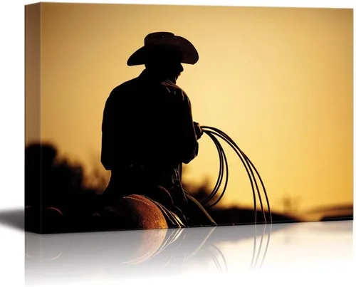 Arte de pared de vaquero con silueta de lazo en una ciudad pequeña al atardecer paisaje occidental americano, arte para pared, 16 x 24 pulgadas
