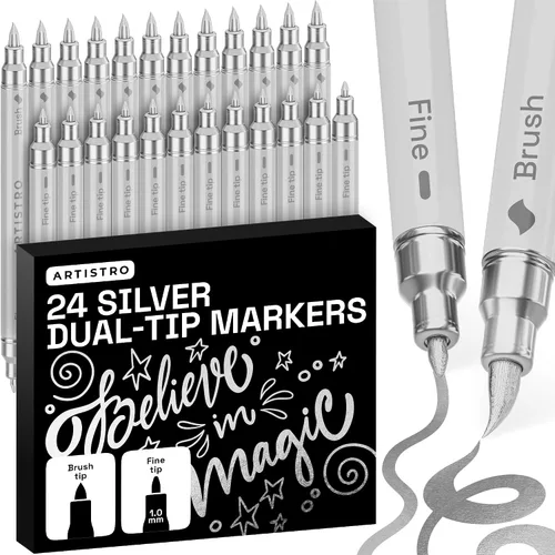 Miniatura 32 de ARTISTRO 5 marcadores de pintura acrílica negra, bolígrafos de pintura de doble punta + pincel fino ideal para caligrafía, perfectos para tela