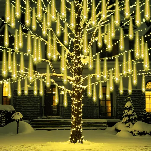 Miniatura 9 de Luces de lluvia de meteoros al aire libre, luces navideñas, 24 tubos, 576 LED, efecto de caída de nieve, lluvia en cascada, carámbanos, luz