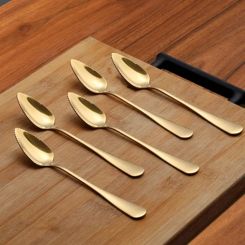 Miniatura 3 de 5 piezas de cucharas para pomelo, juego de utensilios de cuchara para pomelo de acero inoxidable, borde dentado y mango de calibre grueso
