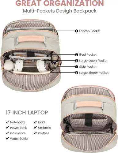 Miniatura 3 de LOVEVOOK Mochila de Viaje para Laptop Bolso para Mujeres Trabajo Negocios Bolsas de Computadora, rosa gris, 17 pulg., Mochilas de viaje