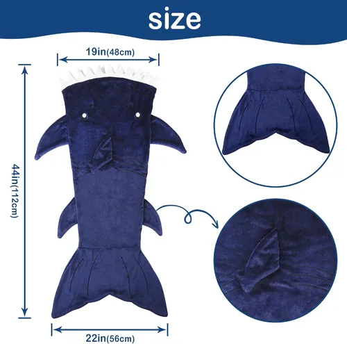Miniatura 5 de Softan Manta de tiburón para niños, franela suave, juguetes para niños, manta de forro polar con cola de tiburón, azul oscuro, cálida y suave