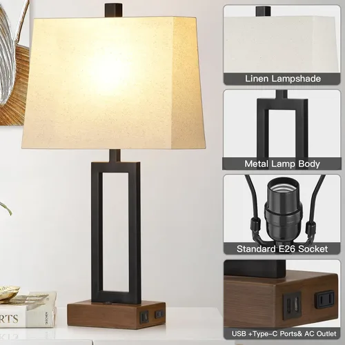 Miniatura 7 de Rinweey Juego de 2 lámparas de mesa de 23.5 pulgadas, modernas lámparas de noche negras con 2 puertos USB y salida de CA, lámparas de mesita