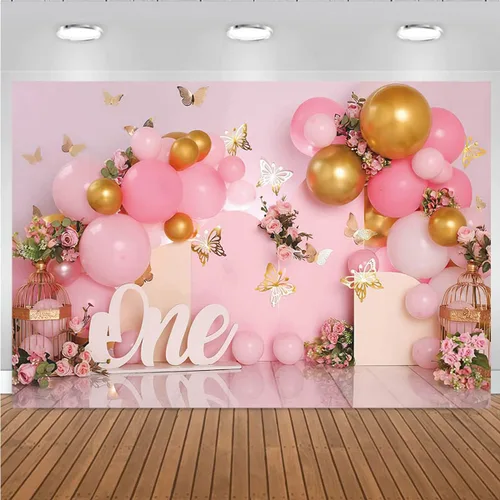 Miniatura 6 de Telón de fondo de 1er cumpleaños para niña, globos rosados, mariposa dorada, dulce para niños, decoración de fiesta de cumpleaños, fotografía