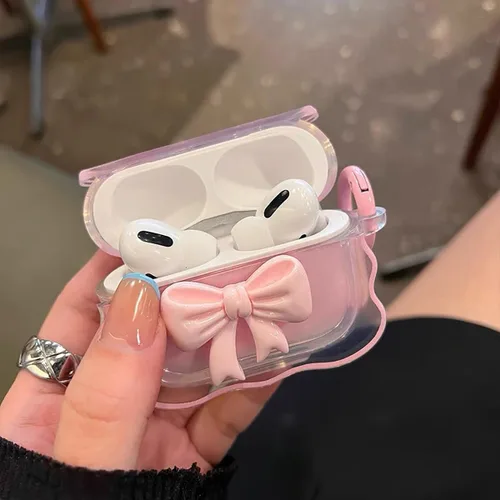 Miniatura 9 de Bonita funda transparente para AirPods Pro 2/1 Gen, diseño de lazo 3D femenino, funda protectora y a prueba de golpes de TPU suave Kawaii para Apple