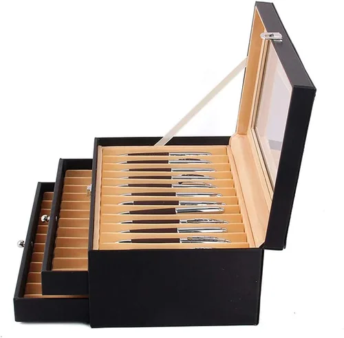 Miniatura 2 de Caja organizadora de bolígrafos de franela de cuero negro de 36 piezas, caja organizadora de bolígrafos de vidrio con tapa, vitrina de cristal