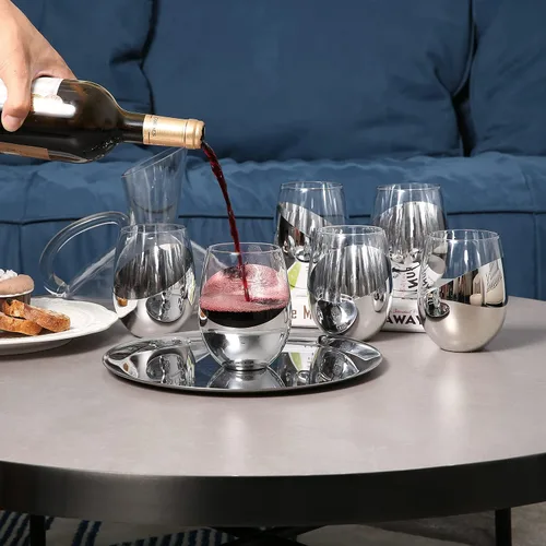Miniatura 7 de MyGift Juego de 6 copas de vino modernas sin tallo, copas de vino blanco o tinto con fondo metálico plateado en ángulo plata (juego de 6)