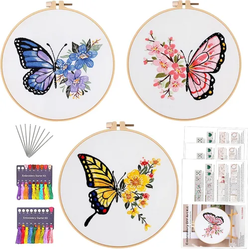 Miniatura 21 de Kit de bordado para principiantes, kits de punto de cruz para adultos, manualidades, 3 piezas, patrón de bordado, hilo de bordado de tela y agujas