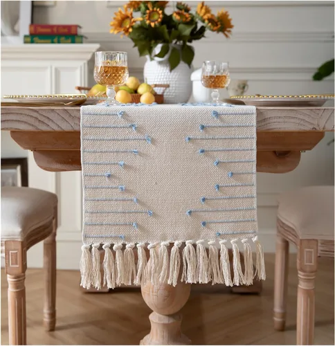 Miniatura 11 de Camino de Mesa Navideño de 13 x 108 Pulgadas de Largo, Algodón Natural Tejido con Borlas para Decoraciones Navideñas del Hogar y Comedor, para Rojo
