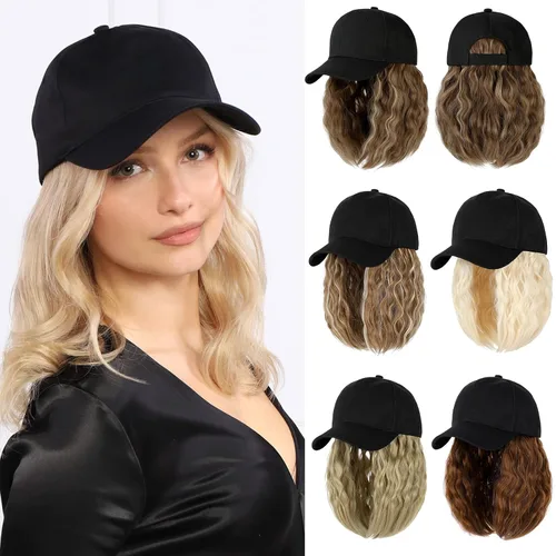 Gorra de béisbol con extensiones de cabello, peluca ajustable, gorra rizada de 14 pulgadas, peluca sintética para mujer, marrón claro mezcla de