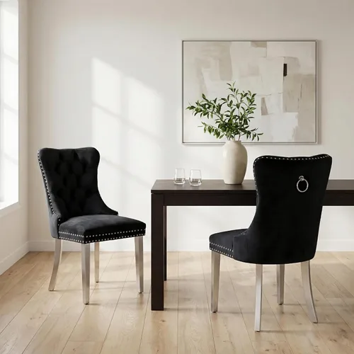 Miniatura 25 de OVENTA Juego de 4 sillas de comedor modernas tapizadas copetudas, terciopelo negro y gris y cuero con patas de madera maciza, sillas de cocina