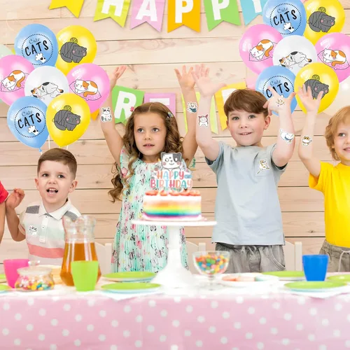 Miniatura 6 de Zhanmai 106 piezas de suministros de fiesta de cumpleaños con temática de gato, incluyen una bonita pancarta de feliz cumpleaños, remolinos