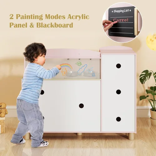 Miniatura 4 de INFANS Juego de cocina para niños, juego de juguetes de cocina de madera para niños pequeños con tablero de dibujo acrílico, máquina de hielo, Rosa