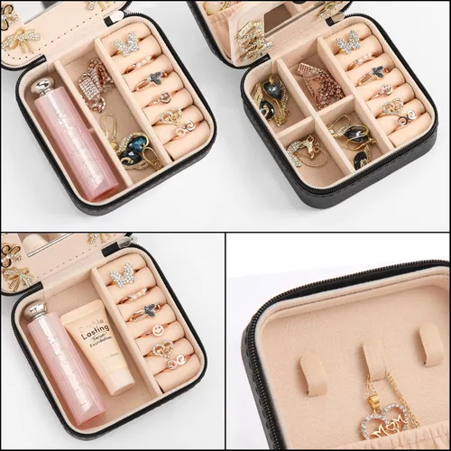 Miniatura 4 de XZUZ Joyero de viaje pequeño con espejo, organizador de joyas portátil, caja de almacenamiento para aretes, anillos, collares, joyería ase