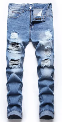 ZEESEN Jeans rasgados para hombre, ajustados, ajuste regular, pierna cónica, desgastados, pantalones de mezclilla para hombre con agujero