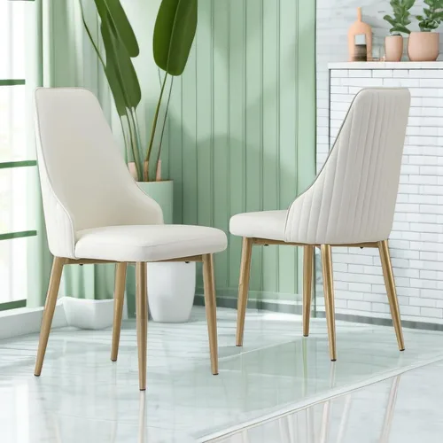 Miniatura 9 de Montary Juego de 2 sillas de comedor, modernas sillas de comedor con patas de acero dorado, elegantes sillas de piel sintética beige con respaldo