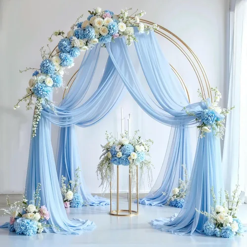 Miniatura 6 de Tela drapeada para arco de boda, 2 paneles de 18 pies, cortina de telón de fondo transparente azul bebé, cortina de gasa para boda, arco, ceremonia