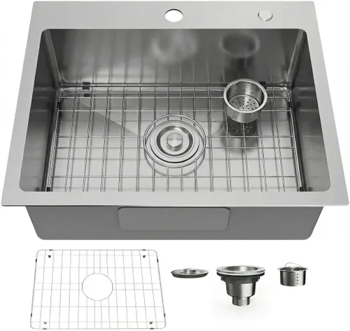 Miniatura 12 de Fregadero de cocina empotrable de 20" x 16" de acero inoxidable 304 de un solo compartimento montaje superior para bar con kit de drenaje y rejilla