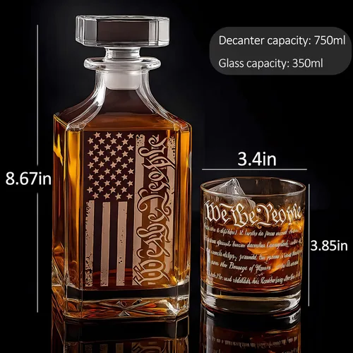 Miniatura 4 de Set de decantador de whisky para hombres, juego de decantador We The People con vasos, decantador grabado con bandera americana para regalos