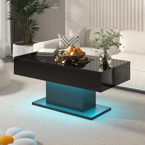 Miniatura 3 de HedoAjim - Mesa de café negra con LED y 2 cajones de almacenamiento para sala de estar, mesa rectangular de centro para sala de estar, mesas de café
