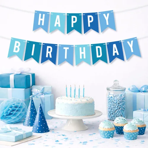 Miniatura 2 de Cartel de feliz cumpleaños pre-encordado – No DIY – Cartel azul para fiesta de cumpleaños – Pre-encordado en hebras de 6 pies – Decoración azul