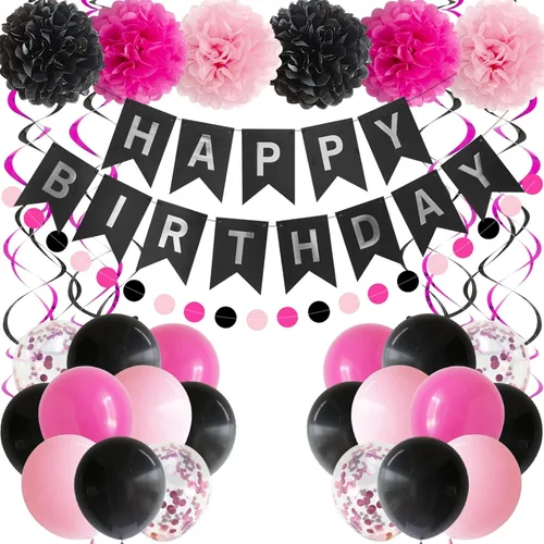 ANSOMO Decoraciones de fiesta de cumpleaños rosa y negro para niñas y mujeres, pancarta de globos de color rosa intenso, pompones, remolinos,