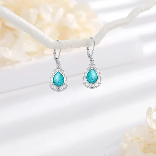 Miniatura 228 de Aretes colgantes de plata de ley con diseño de árbol de la vida, flor, abeja, animales, gato, colibrí, piedra lunar, turquesa, aretes con cierre