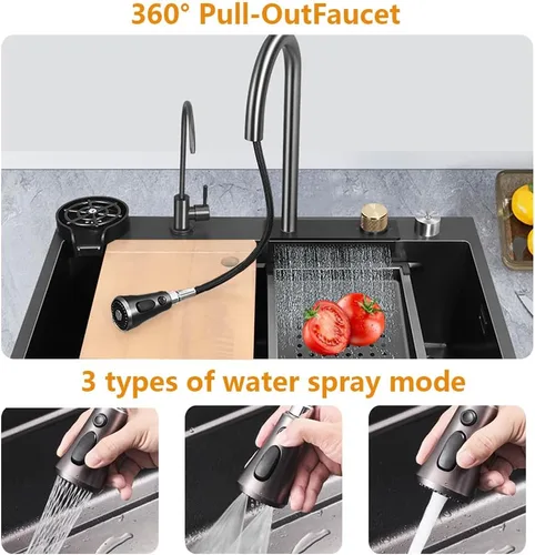 Miniatura 4 de ARTLINE Fregadero de cocina negro de un solo tazón, fregadero de cascada de acero inoxidable, fregadero de bar con lavaplatos, fregadero de estación