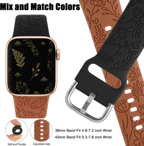 Miniatura 4 de Paquete de 2 correas deportivas grabadas con flores compatibles con correas de Apple Watch de 1.496 pulgadas, 1.575 pulgadas, 1.614 pulgadas