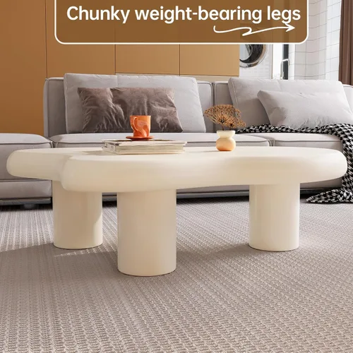 Miniatura 6 de Mesa de centro en forma de nube de 46.06 pulgadas, moderna mesa de centro blanca con borde redondo con 3 patas de soporte resistentes y mesa de 3.14