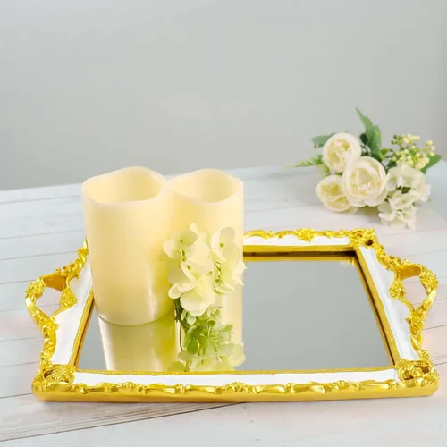 Miniatura 14 de Efavormart - Paquete de 4 bandejas rectangulares de plástico con estampado de encaje dorado de 14 pulgadas, bandejas decorativas para mesa de café