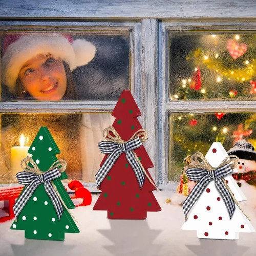 Miniatura 6 de Yookeer Decoración navideña de 3 piezas, mesa de madera rústica, árbol de Navidad, centro de mesa de Navidad de madera para mesa pequeña, árboles