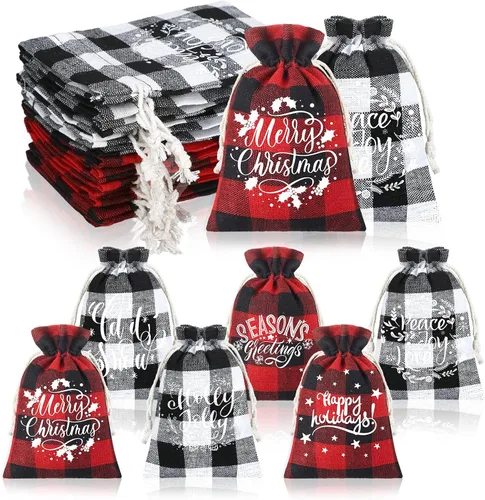 Boao 24 bolsas de Navidad con cordón para regalo de Navidad, a cuadros, de algodón, para suministros de fiesta de dulces de Navidad