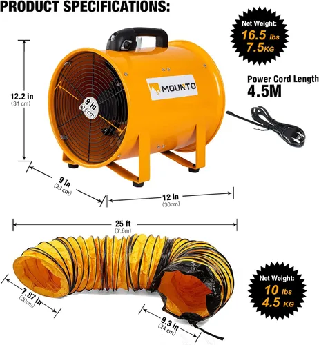 Miniatura 2 de MOUNTO Ventilador cilíndrico resistente COMBO con manguera de vinilo de 25 pies (8 pulgadas)