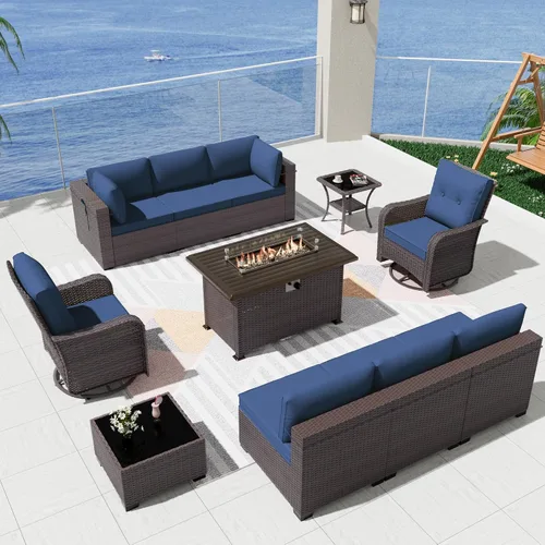 Miniatura 52 de Kurapika juego de muebles de patio 4 piezas de mimbre al aire libre, sillas de ratán, juego informal con mesa de café, juego de bistró con mecedora