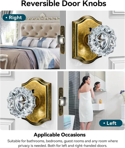Miniatura 6 de Pomos de puerta de cristal para interiores, pomos de puerta de cristal de latón envejecido con cerradura para uso de privacidad, pomos de puerta