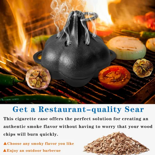 Miniatura 2 de Asador para Ahumar y Tostador de Hierro Fundido & Horno para Ajos, Caja para Ahumar, Asador de Ajos de Hierro Fundido Pre-Curado para Parrilla