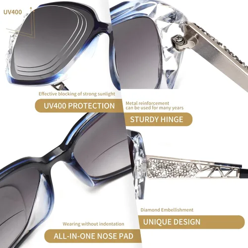 Miniatura 5 de JM Paquete de 2 Gafas de Sol de Lectura Bifocales para Mujeres de Moda Cuadradas de Gran Tamaño Lentes de Sol Lectoras para Lectura al Aire Libre