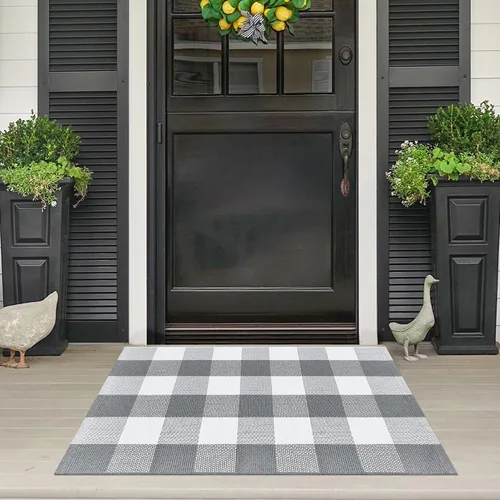 Miniatura 26 de Alfombra de Exterior de Cuadros Buffalo 2x3 pies, Alfombra Tejida de Algodón Negro y Blanco Roto, Tapetes para Puerta de Porche Frontal, Alfombra