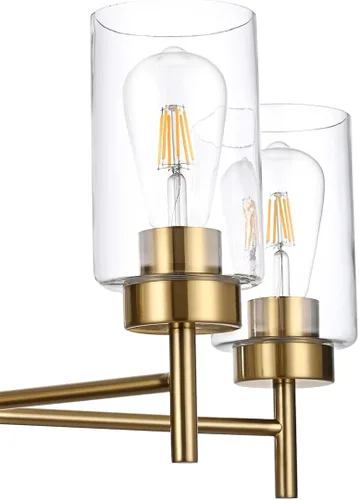 Miniatura 3 de Candelabro de granja de 5 luces para comedor, isla de cocina, modernos candelabros colgantes de latón cepillado con pantallas de vidrio transparente